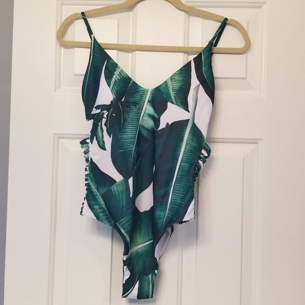 Bamboo Leaf Print Swimsuit w/side slits - Large
